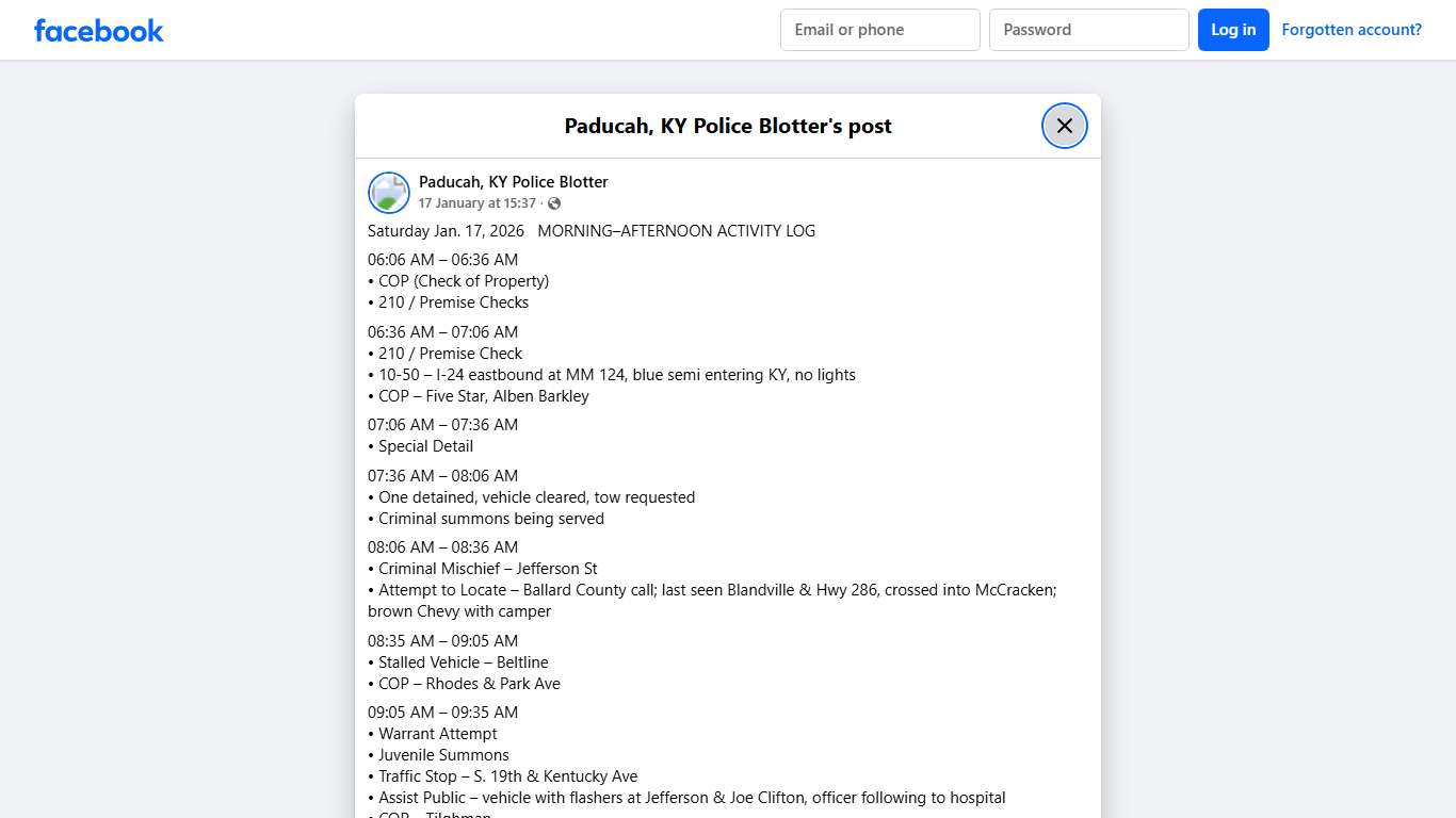 Saturday Jan. 17, 2026... - Paducah, KY Police Blotter Facebook